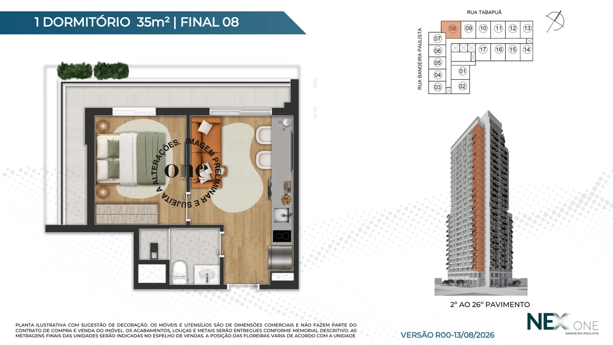 Planta de 1 dormitório de 35 m², final 08