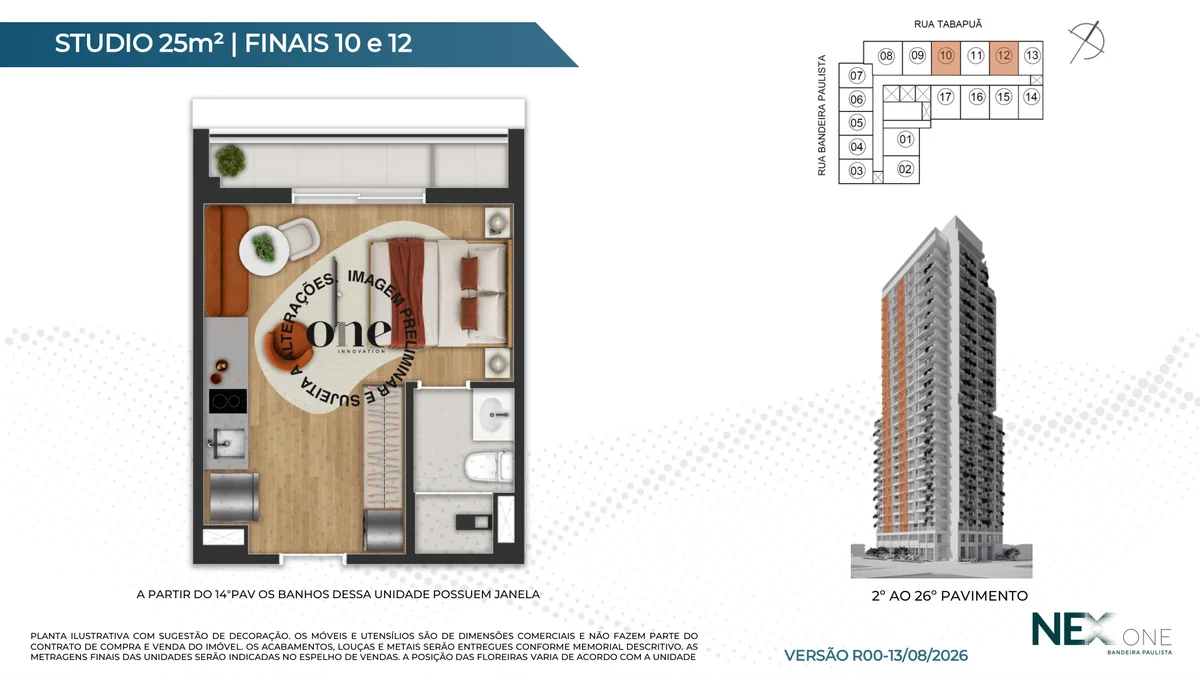 Planta do studio de 25 m², finais 10 e 12
